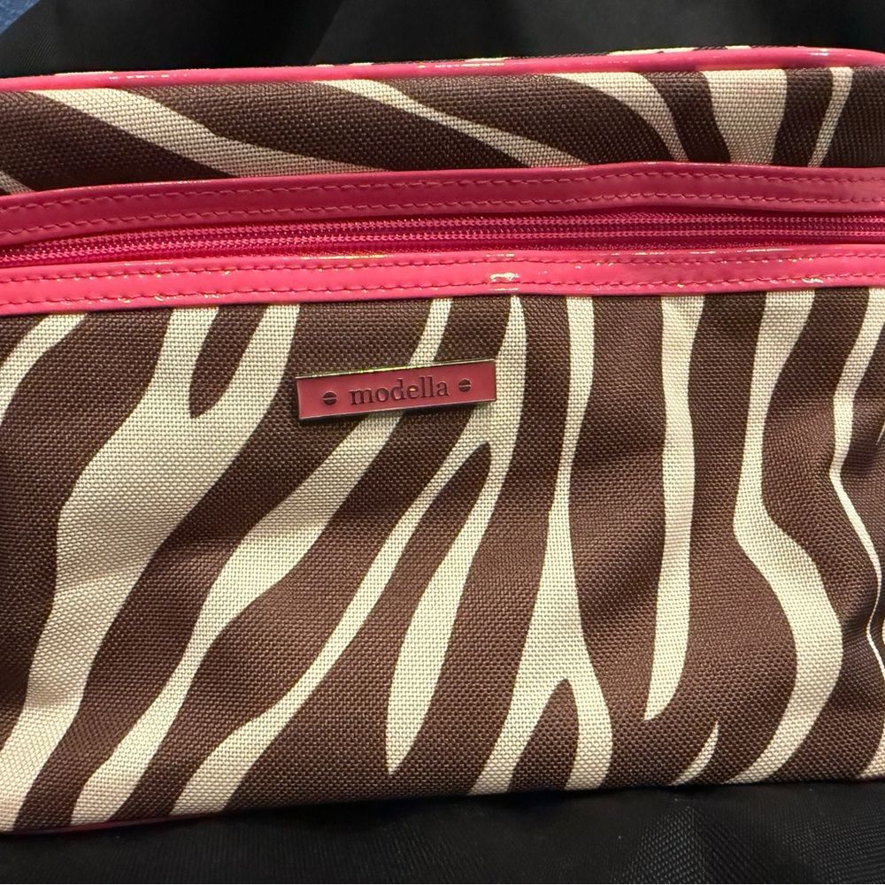 Modella Brown and Pink Cosmetic Bag with Zebra Print